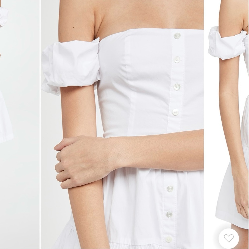 Staud Mini Elio Dress in White / Off The Shoulder Prairie Dress w/ Puffy Sleeves - Picture 4 of 13